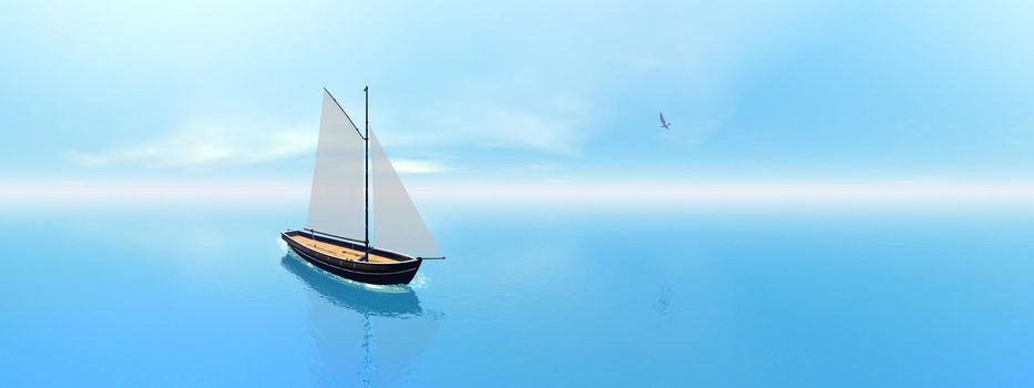 One sailing boat floating on the water next to seagull, 360 degrees effect