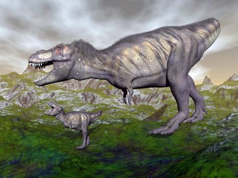 Tyrannosaurus rex dinosaurs mum and baby walking in the mountain by cloudy day
