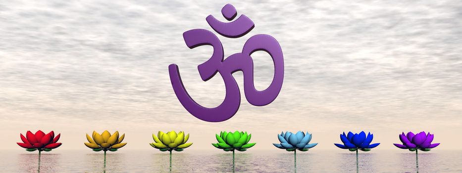 Violet aum upon lily flowers with chakra colors by sunset sky