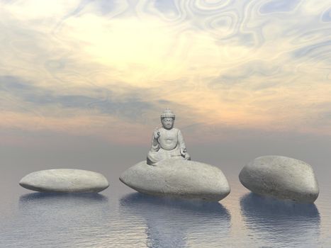 One small buddha meditating upon a stone on water by sunset