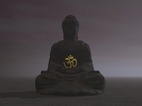 Silhouette of one buddha meditating while holding a aum by night