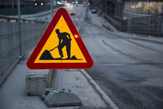 Road construction sign in a town