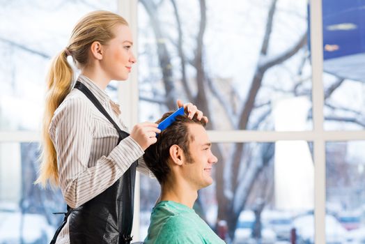 young attractive woman hairdresser hairstyle customer picks