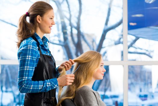 young attractive woman hairdresser hairstyle customer picks