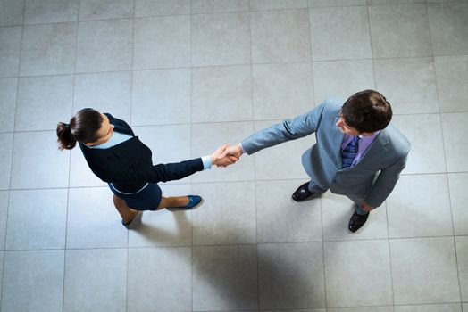 Business woman and businessman shaking hands, reach agreement