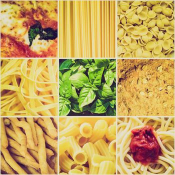Vintage retro looking Italian food collage including 9 pictures of pasta, bread, pizza