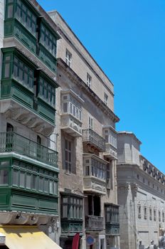 Traditional closed wooden balconies - Valetta, Malta.