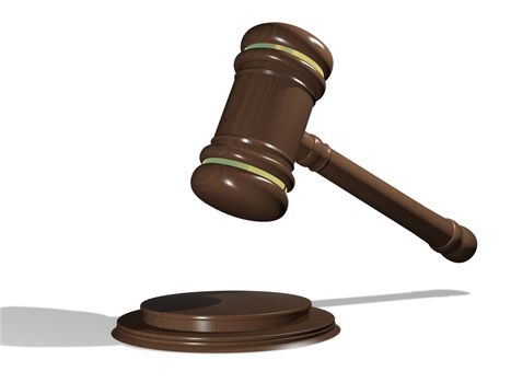 Illustration, wooden gavel to judges on white background