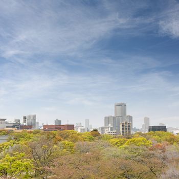 Osaka city skyline with forest and modern buildings, Osaka, Japan, Asia.