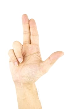 Hand of man make signal by gun isolated on white background.