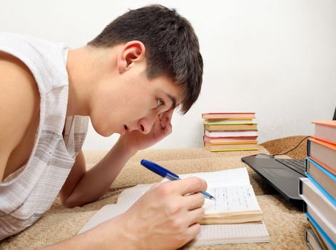 Teenager doing Homework on the Sofa with Laptop and many Books