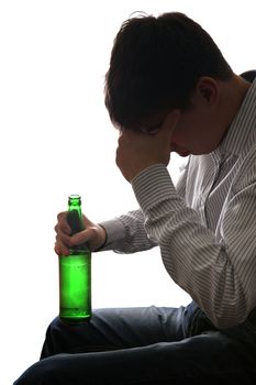 Silhouette of Depressed Young Man in Alcohol addiction on the White Background