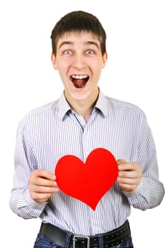 Surprised Teenager with Red Heart shape Isolated on the White Background