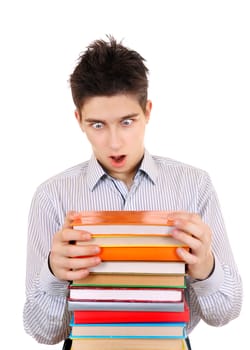 Surprised Teenager looking on the Books Isolated on the White Background