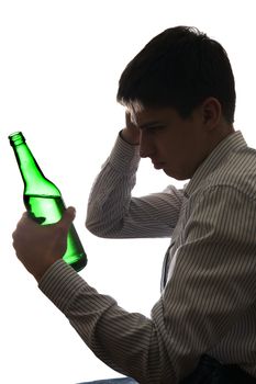 Silhouette of Depressed Young Man in Alcohol addiction on the White Background