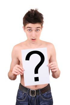 Surprised Teenager holding a Paper with Question Mark on the White Background