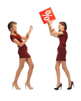 picture of two teenage girls in red dresses with percent sign