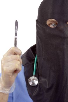 Creative on negligence in surgery. A doctor in a mask executioner.