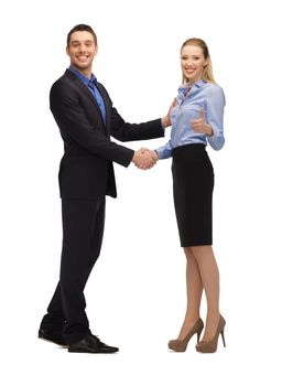 bright picture of man and woman shaking their hands.