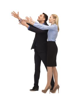 picture of man and woman making a greeting gesture.