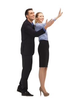 picture of man and woman making a greeting gesture.