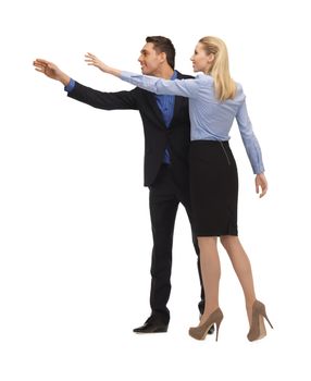 picture of man and woman making a greeting gesture.