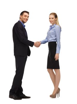 bright picture of man and woman shaking their hands.