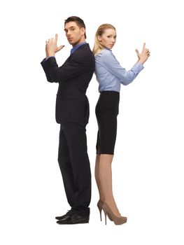 bright picture of man and woman making a gun gesture