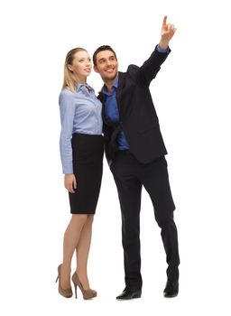 bright picture of man and woman pointing their fingers.