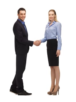 bright picture of man and woman shaking their hands.