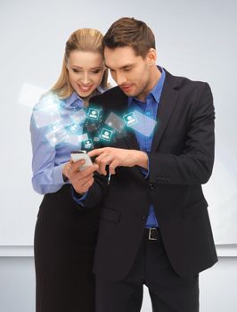 bright picture of man and woman reading sms