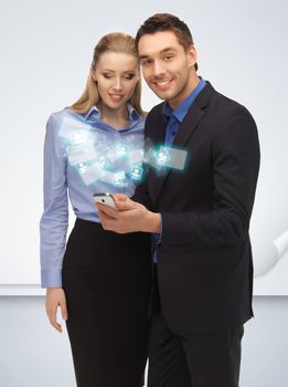 bright picture of man and woman with smartphone