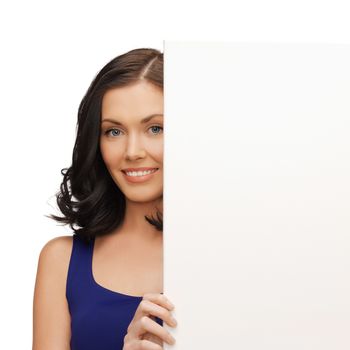 picture of lovely woman in blue dress with blank board