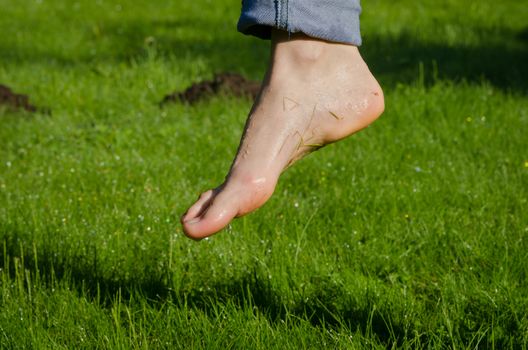 Dewy water drops on wet barefoot foot after walking in morning meadow grass.