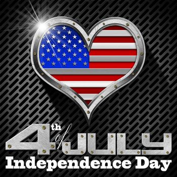 Metal porthole heart shape with US flag interior, on black and gray dark grid with phrase "4th of July - Independence Day"
