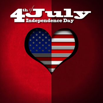 Stylized heart with US flag interior on red velvet background with phrase "4th of July - Independence Day"