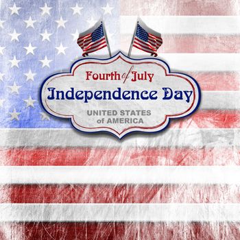 Vintage background with US flags, label and phrase: Fourth of July Independence Day - United States of America