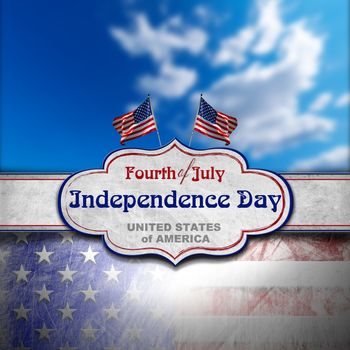 Vintage background with US flags, blurred blue sky, label and phrase: Fourth of July Independence Day - United States of America