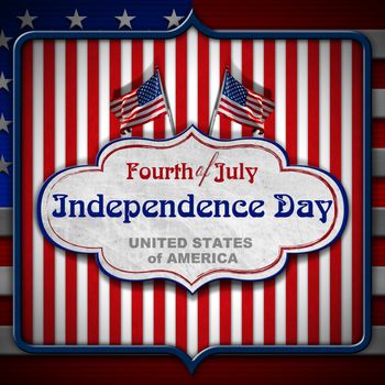 Vintage background with US flags, label and phrase: Fourth of July Independence Day - United States of America