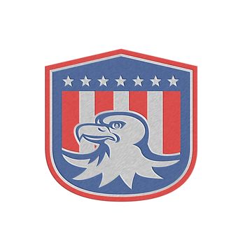 Metallic styled illustration of a bald eagle head with american stars stripes flag set inside a shield crest done in retro style.