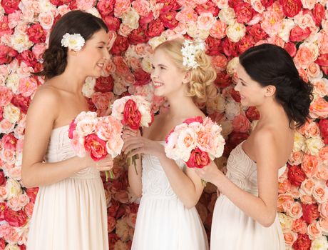 beautiful three women with background full of roses