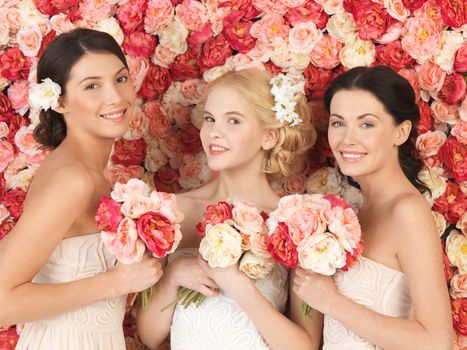 beautiful three women with background full of roses