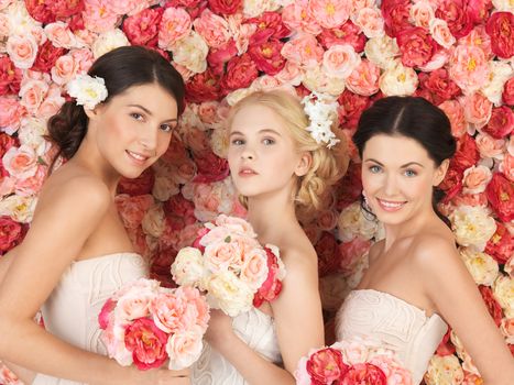 beautiful three women with background full of roses