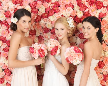 beautiful three women with background full of roses