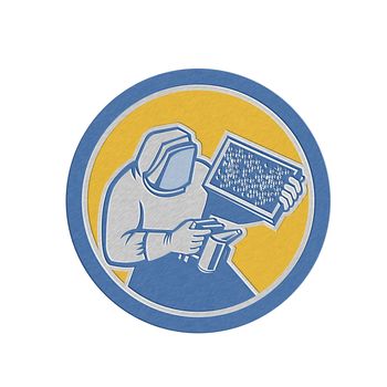Metallic styled illustration of a beekeeper ,honey farmers, apiarists, or apiculturists holding a bee smoker and brood frame working in apiary wearing bee suit set inside a circle done in retro style.