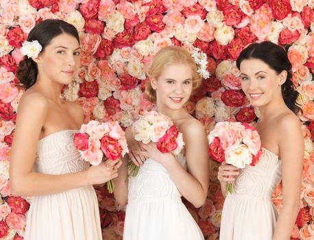 beautiful three women with background full of roses