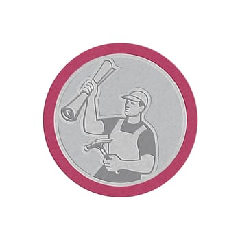 Metallic styled illustration of a carpenter builder holding hammer and building plan blue print on isolated background.
