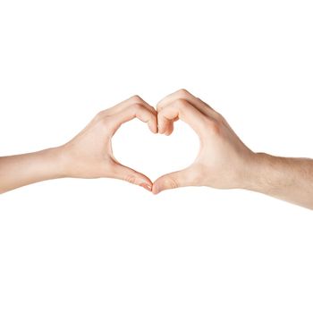 close-up of woman and man hands showing heart shape