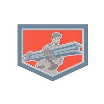 Metallic styled illustration of construction steel worker carrying i-beam girder viewed from front set inside shield crest done in retro woodcut style.