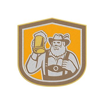 Metallic styled illustration of a Bavarian beer drinker raising beer mug drinking looking up wearing lederhosen and German hat set inside shield crest shape done in retro style.